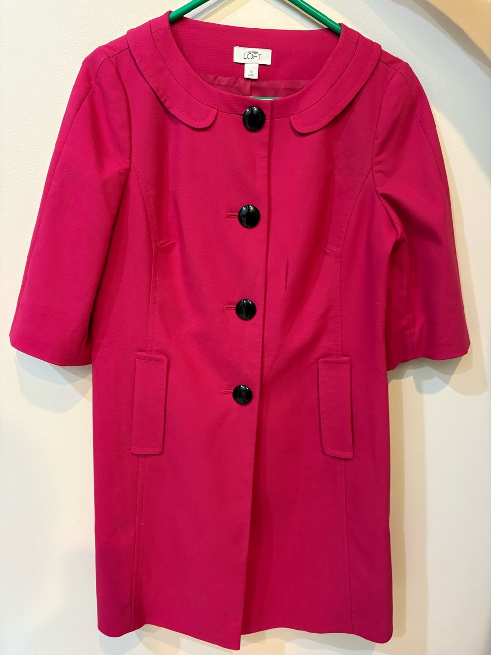 LOFT Ann Taylor Fuchsia Pink Short Sleeve Peter Pan Collar Jacket Coat size 10